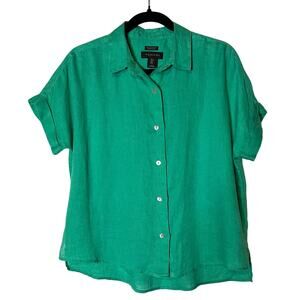 Tahari‎ 100% Organic Linen Emerald Green Boxy Hi-Low Fit Cottagecore Spring EUC